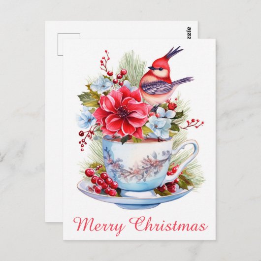 Niedlicher Weihnachtsbird Holly Floral Teacup Tee Postkarte (Vorne/Hinten)