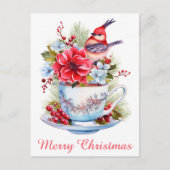 Niedlicher Weihnachtsbird Holly Floral Teacup Tee Postkarte (Vorderseite)