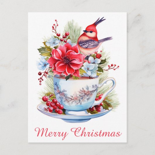 Niedlicher Weihnachtsbird Holly Floral Teacup Tee Postkarte (Vorderseite)