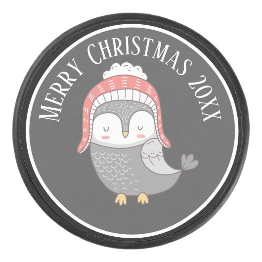 Niedlicher Weihnachtsbird mit Winter Hat Illustrat Eishockey Puck (Vorderseite)
