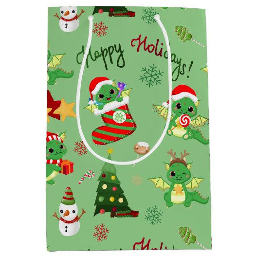 Niedlicher Weihnachtsdrache glückliche Feiertage Mittlere Geschenktüte (Vorderseite)