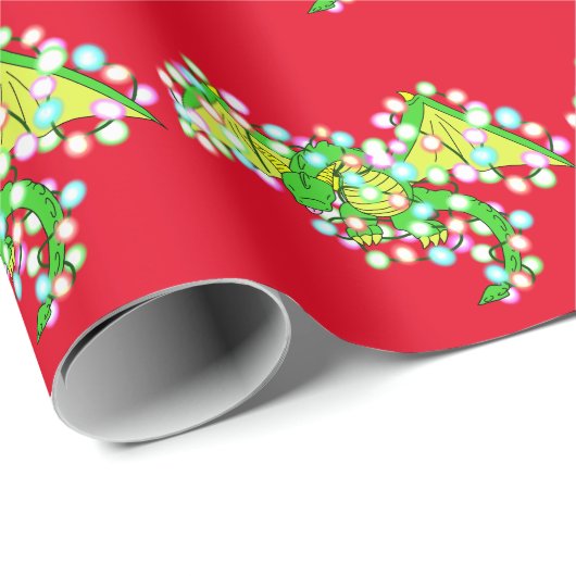 Niedlicher Weihnachtsdrache in Lichtern verpackt Geschenkpapier (Rolleneckpunkt)