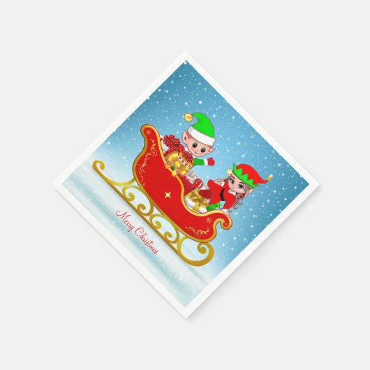 Niedlicher Weihnachtself auf Sleigh auf Light Blue Serviette (Ecke)