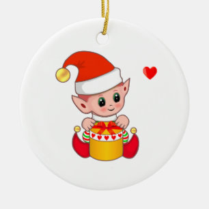 Niedlicher Weihnachtself auf Weiß Keramik Ornament