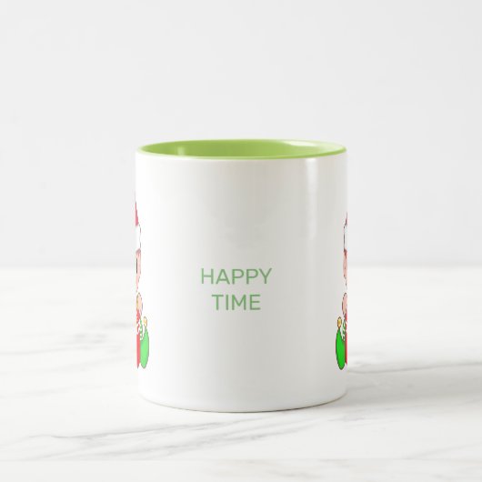 Niedlicher Weihnachtself & Happy Time Calligraphy Zweifarbige Tasse (Mittel)