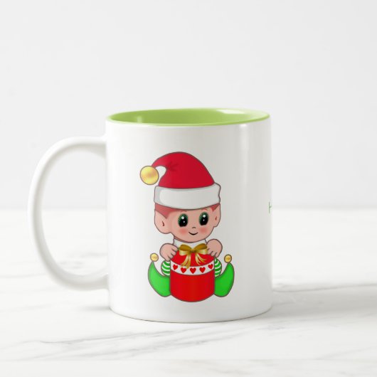 Niedlicher Weihnachtself & Happy Time Calligraphy Zweifarbige Tasse (Links)