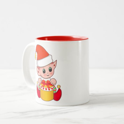 Niedlicher Weihnachtself mit Geschenkboxen Zweifarbige Tasse (Vorderseite Links)