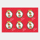 Niedlicher Weihnachtself, Rote Sterne und Glocken Geschenkpapier Set (Vorderseite)