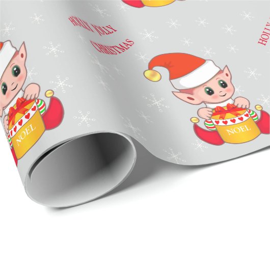 Niedlicher Weihnachtself & Schneeflocken auf Silbe Geschenkpapier (Rolleneckpunkt)