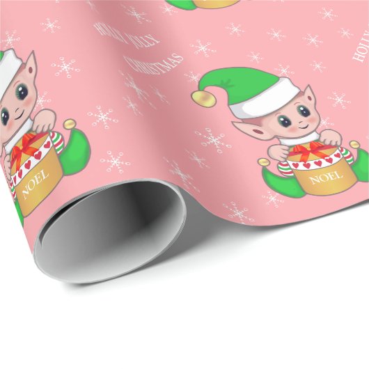 Niedlicher Weihnachtself & Schneeflocken in Rosa Geschenkpapier (Rolleneckpunkt)