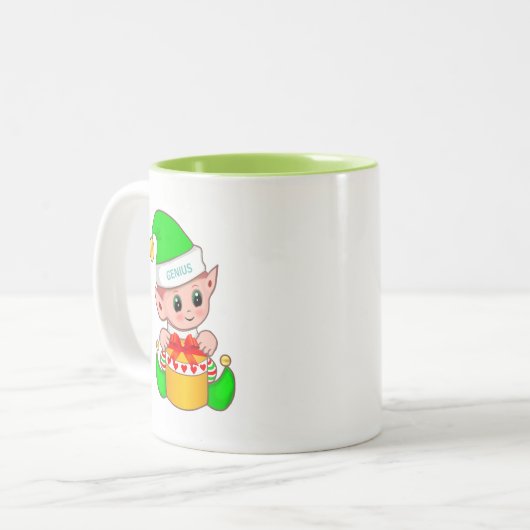 Niedlicher Weihnachtself und bearbeitbarer Geniest Zweifarbige Tasse (Vorderseite Links)