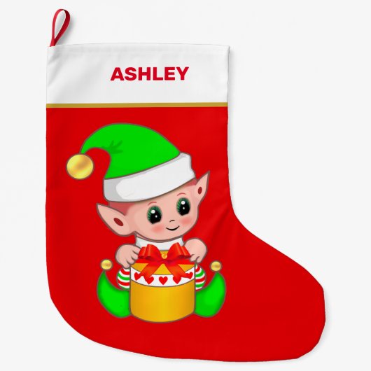 Niedlicher Weihnachtself und Geschenkboxen auf Rot Großer Weihnachtsstrumpf (Vorderseite)