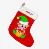 Niedlicher Weihnachtself und Geschenkboxen auf Rot Großer Weihnachtsstrumpf (Vorderansicht (hängend))