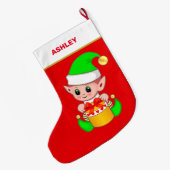 Niedlicher Weihnachtself und Geschenkboxen auf Rot Großer Weihnachtsstrumpf (Rückseite (Hängend))