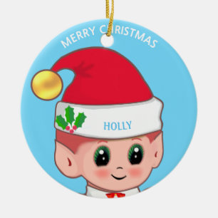 Niedlicher Weihnachtself und Individuelle Name auf Keramik Ornament