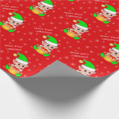 Niedlicher Weihnachtself und Schneeflocken auf Rot Geschenkpapier (Ecke)