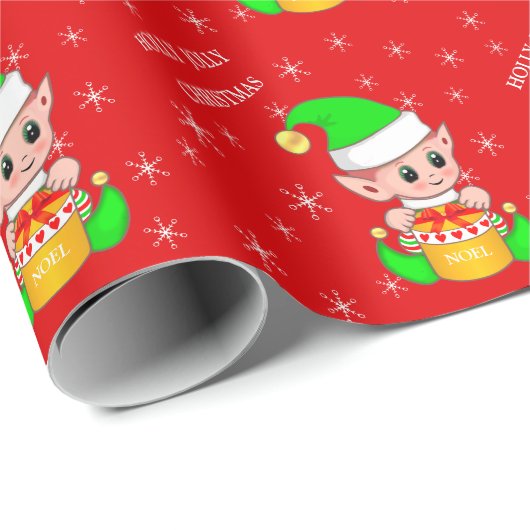 Niedlicher Weihnachtself und Schneeflocken auf Rot Geschenkpapier (Rolleneckpunkt)