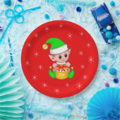 Niedlicher Weihnachtself und Schneeflocken auf Rot Pappteller (Party)