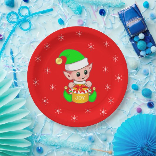 Niedlicher Weihnachtself und Schneeflocken auf Rot Pappteller (Party)