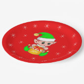 Niedlicher Weihnachtself und Schneeflocken auf Rot Pappteller (Schrägansicht)