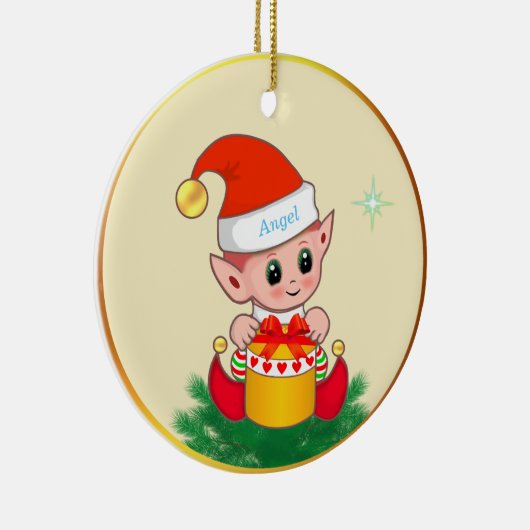 Niedlicher Weihnachtself und Stern auf Elfenbein Keramik Ornament (Rechts)