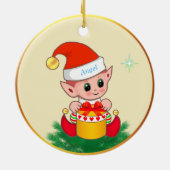 Niedlicher Weihnachtself und Stern auf Elfenbein Keramik Ornament (Hinten)