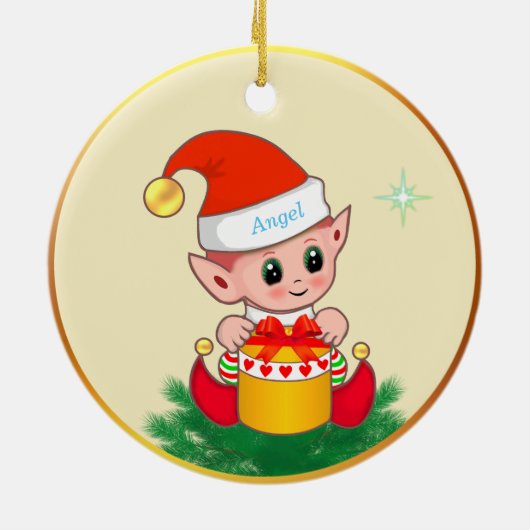 Niedlicher Weihnachtself und Stern auf Elfenbein Keramik Ornament (Hinten)