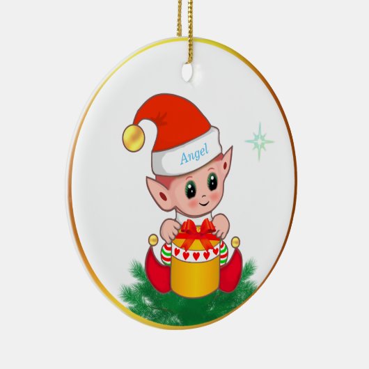 Niedlicher Weihnachtself und Stern auf Weiß Keramik Ornament (Rechts)