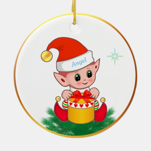 Niedlicher Weihnachtself und Stern auf Weiß Keramik Ornament (Hinten)