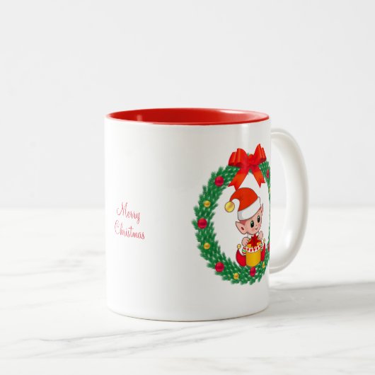 Niedlicher Weihnachtself und Weihnachtskranz Zweifarbige Tasse (VorderseiteRechts)
