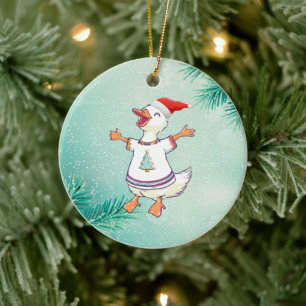 Niedlicher Weihnachtsente in festlichem Pullover Keramik Ornament