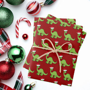 Niedlicher Weihnachtsfest Dinosaurier Santa Rote K Geschenkpapier Set