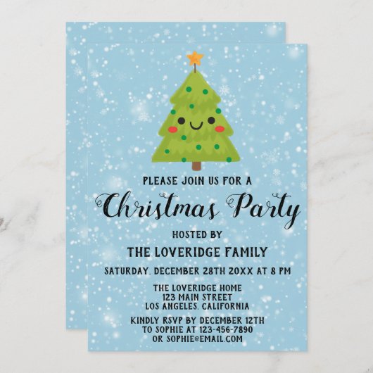Niedlicher Weihnachtsfest Party Grüne Bäume Blauer Einladung (Vorne/Hinten)