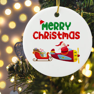 Niedlicher Weihnachtsflug in Flugzeug & Schlitten, Keramik Ornament