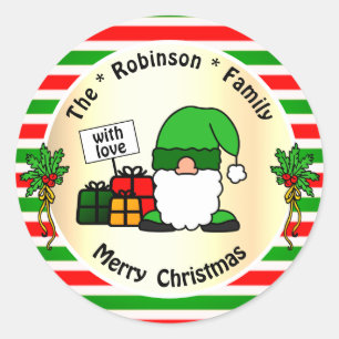 Niedlicher Weihnachtsgenom Grün und Rot Streifen S Runder Aufkleber