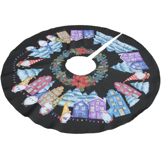 Niedlicher Weihnachtsgnome/Elfendorf Polyester Weihnachtsbaumdecke (Schrägansicht)