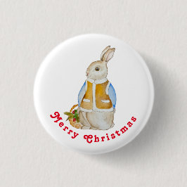 Niedlicher Weihnachtshase mit einem Korb mit Ficht Button