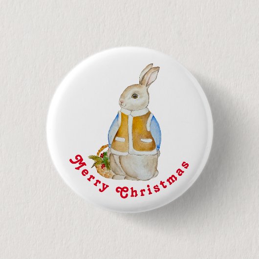 Niedlicher Weihnachtshase mit einem Korb mit Ficht Button (Vorderseite)