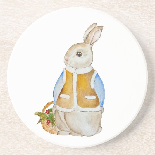 Niedlicher Weihnachtshase mit einem Korb mit Ficht Getränkeuntersetzer (Vorne)