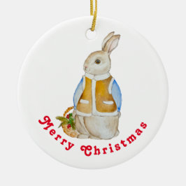 Niedlicher Weihnachtshase mit einem Korb mit Ficht Keramik Ornament