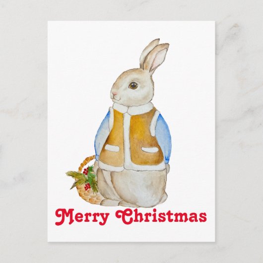 Niedlicher Weihnachtshase mit einem Korb mit Ficht Postkarte (Vorderseite)