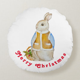 Niedlicher Weihnachtshase mit einem Korb mit Ficht Rundes Kissen