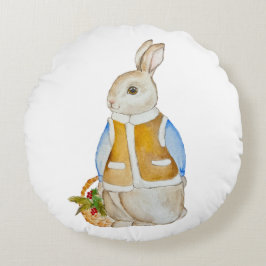 Niedlicher Weihnachtshase mit einem Korb mit Ficht Rundes Kissen