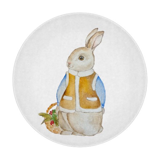 Niedlicher Weihnachtshase mit einem Korb mit Ficht Schneidebrett (Vorderseite)