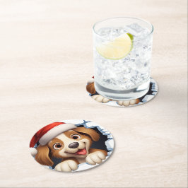 Niedlicher Weihnachtshund durch die Mauer illustri Runder Pappuntersetzer