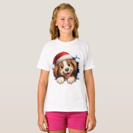 Niedlicher Weihnachtshund durch die Mauer illustri T-Shirt