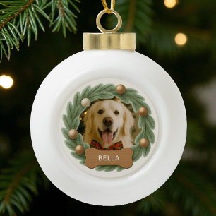 Niedlicher Weihnachtshund Foto Kranz Name Feiertag Keramik Kugel-Ornament