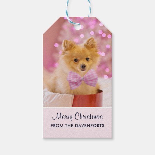 Niedlicher Weihnachtshund mit Pink Bow Foto Geschenkanhänger (Vorderseite)