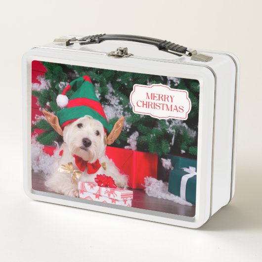 Niedlicher Weihnachtshund mit Weihnachtsbaum Metall Brotdose (Vorderseite)
