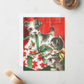 Niedlicher Weihnachtshund und Katze mit Gegenwart Mitteilungskarte (Vorderseite/Rückseite Beispiel)